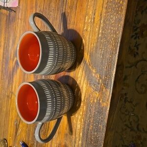 Baum Tangier Gray and Orange Coffee Mugs Pair of 2